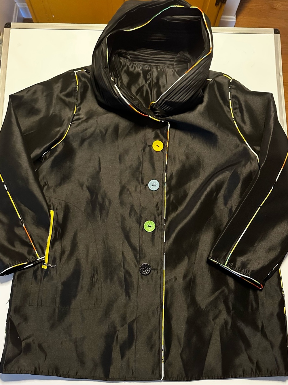 Women’s Black Trench Coat with Multicolor Piping and Buttons